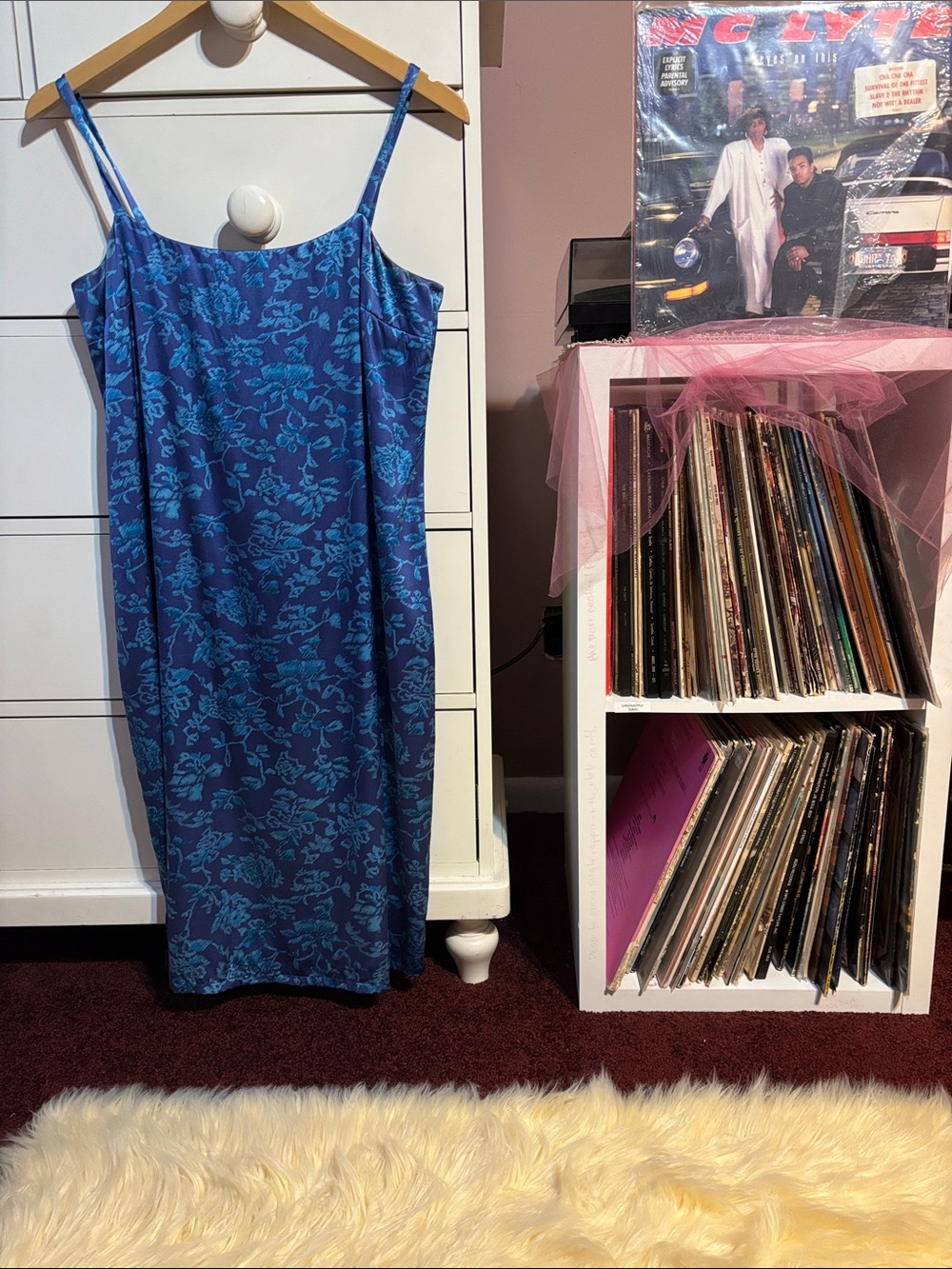 Y2K Silk Vintage 90s Square Neck Slip Dress Blue Purple 6 Iconic Floral Mini Hot